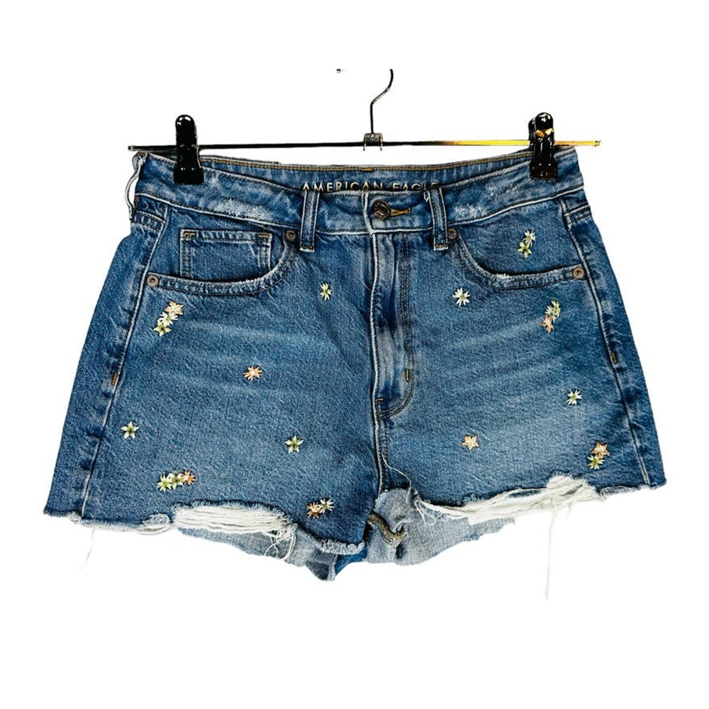 American Eagle Womans Sz 6 Mom Short Blue Pockets Floral Blue Cut-Off